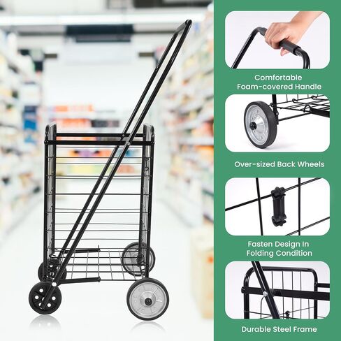 Simple Deluxe Folding Shopping Cart with Wheels, 90LB Capacity & Comfortable Foam Handle, Heavy Duty Collapsible Utility Cart for Groceries, Laundry, Travel, Books, Black in Saudi Arabia