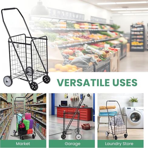 Simple Deluxe Folding Shopping Cart with Wheels, 90LB Capacity & Comfortable Foam Handle, Heavy Duty Collapsible Utility Cart for Groceries, Laundry, Travel, Books, Black in Saudi Arabia