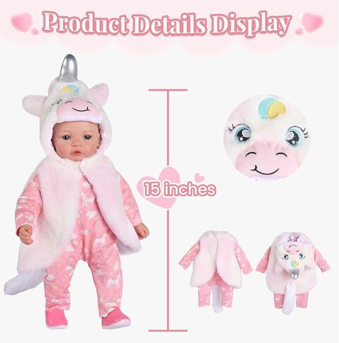 BABESIDE Baby Doll Girl, 15" Soft Realistic Baby Dolls with Unicorn Hoodie 10 Pieces Gift Accessories Set Muñecas para Niñas Real Life Toddler Dolls for Ages 3 4 5 6 7 8 9 Year Old Girls in Saudi Arabia