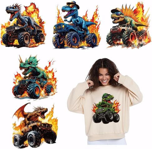 Superdant 6 PCS Dinosaur Truck Iron on Transfers Flame Heat Transfor in Saudi Arabia