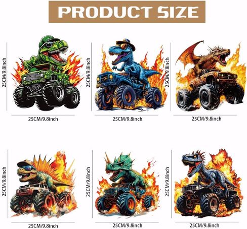 Superdant 6 PCS Dinosaur Truck Iron on Transfers Flame Heat Transfor in Saudi Arabia