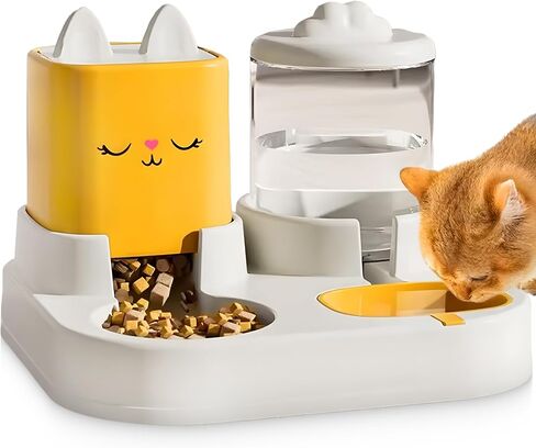 2-in-1 Feeder for Cats and Small Pets – Cute Cat Face and Ear Design – Dual Compartments for Food and Water – Non-Slip, BPA-Free – Pastel Colors (Yellow or Blue) (Pastel Yellow) in Saudi Arabia