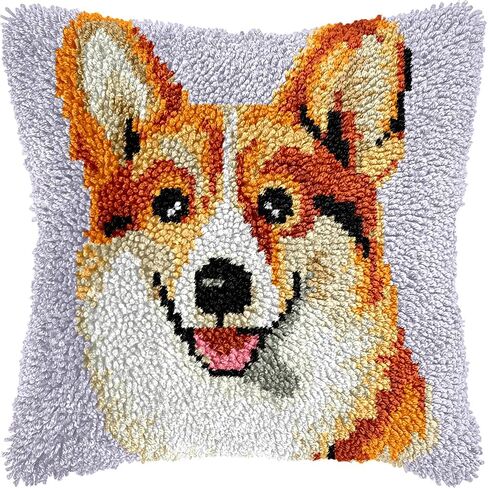 Corgi Latch Hook Kits Pillow Color Printed Canvas Cushion Crochet Yarn Needlework Hook Latch Kit DIY Embroidery Pillowcase Rug Cover Home Sofa Christmas Decor 43x43cm(1) in Saudi Arabia