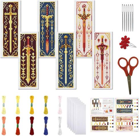 FreeBloss 6 PCS Cross Stitch Borkmark Kits for Beginner Cross Cross Stitch Kit Diy تطريز مرجعية مع تعليمات ، نمط السيف 8 "× 2.4" in Kuwait