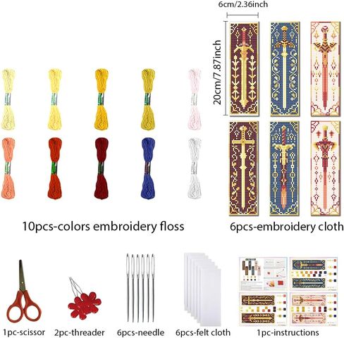 FreeBloss 6 PCS Cross Stitch Borkmark Kits for Beginner Cross Cross Stitch Kit Diy تطريز مرجعية مع تعليمات ، نمط السيف 8 "× 2.4" in Kuwait
