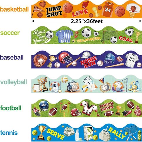 Ceiba Tree Sports Bulletin Board Borders Trims 3 Rolls 2.25 in X 36ft Football Baseball Basketball Soccer Tennis Volleyball Sport Balls Classroom School Decor Decorations Teacher Supplies in Kuwait