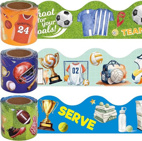 Ceiba Tree Sports Bulletin Board Borders Trims 3 Rolls 2.25 in X 36ft Football Baseball Basketball Soccer Tennis Volleyball Sport Balls Classroom School Decor Decorations Teacher Supplies in Kuwait