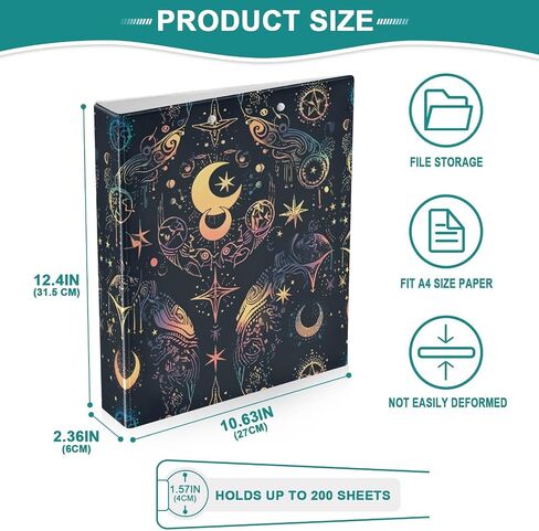 Alaza Moon Stars Alchemy Witch 3 Ring Binder 1.5 بوصة ثلاثة مجمعات مكتب رنين مع الحافظة و 3 جيوب ، عقد 200 ورقة ، 1pc in Kuwait