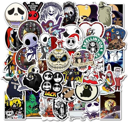 50 Halloween Theme Stickers Pack - The Nightmare Before Christmas Thriller Horror Stickers, Fun for Kids & Teens, Decorate Water Bottles, Laptops, Helmets (Black & White) in Kuwait