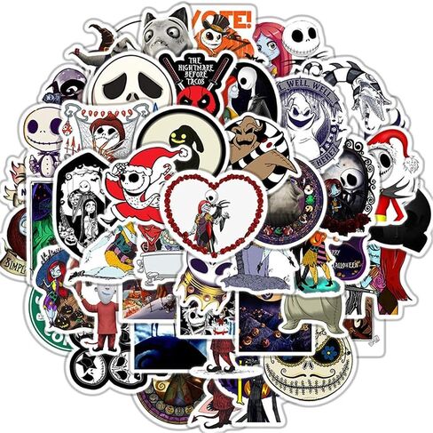 50 Halloween Theme Stickers Pack - The Nightmare Before Christmas Thriller Horror Stickers, Fun for Kids & Teens, Decorate Water Bottles, Laptops, Helmets (Black & White) in Kuwait