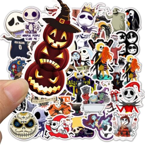 50 Halloween Theme Stickers Pack - The Nightmare Before Christmas Thriller Horror Stickers, Fun for Kids & Teens, Decorate Water Bottles, Laptops, Helmets (Black & White) in Kuwait
