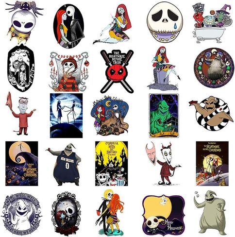 50 Halloween Theme Stickers Pack - The Nightmare Before Christmas Thriller Horror Stickers, Fun for Kids & Teens, Decorate Water Bottles, Laptops, Helmets (Black & White) in Kuwait
