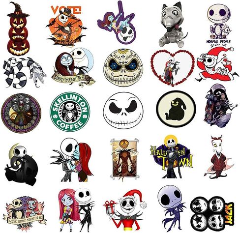 50 Halloween Theme Stickers Pack - The Nightmare Before Christmas Thriller Horror Stickers, Fun for Kids & Teens, Decorate Water Bottles, Laptops, Helmets (Black & White) in Kuwait