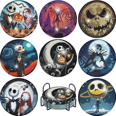 8 Pcs Halloween Diamond Painting Coasters Kits for Adults Beginners, DIY Horror Skull Diamond Art Coasters with Holder, Full Drill Rhinestone Painting Coaster Kits for Supplies Gifts 4X4 Inch. in Kuwait