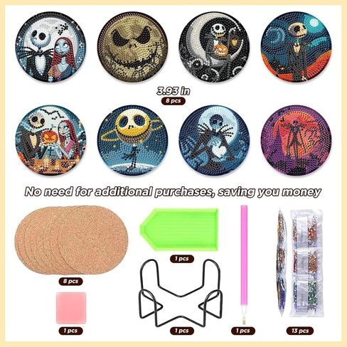 8 Pcs Halloween Diamond Painting Coasters Kits for Adults Beginners, DIY Horror Skull Diamond Art Coasters with Holder, Full Drill Rhinestone Painting Coaster Kits for Supplies Gifts 4X4 Inch. in Kuwait