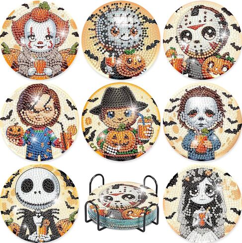 8 Pcs Halloween Diamond Painting Coasters Kits for Adults Beginners, DIY Horror Skull Diamond Art Coasters with Holder, Full Drill Rhinestone Painting Coaster Kits for Supplies Gifts 4X4 Inch. in Kuwait