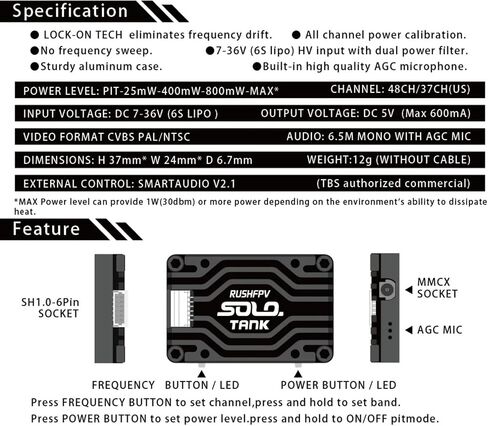 RUSHTank 5.8G VTX Video Transmitter 1.6W High Power Built Microphone Heat Dissipation Structure for RC FPV Long Range Fixed Wing Drone in Saudi Arabia