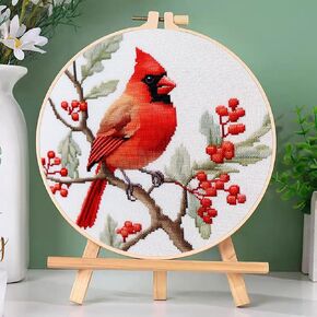 DIY Cross Stitch Kits Red Cardinal on Tree with Hoop 11CT Needlepoint Embroidery Stamped Counted Cross Stitch Set Craft Wall Decor 20x20cm-4 in Saudi Arabia
