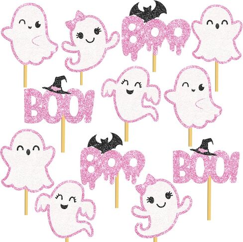 Glitter Pink Ghost Countpiece Sticks 12pcs Halloween Ghost Party Decorations Ghost Table Topper Halloween Boo Table Decorations for Gender Canner Party Supplies in Saudi Arabia