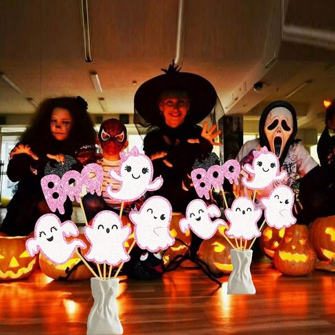 Glitter Pink Ghost Countpiece Sticks 12pcs Halloween Ghost Party Decorations Ghost Table Topper Halloween Boo Table Decorations for Gender Canner Party Supplies in Saudi Arabia