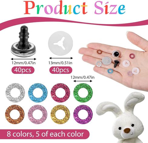 40PCS 12mm Glitter Safety Eyes for Amigurumi 3D Glitter Crochet Doll with Washers 8 Colors Round Crochet Eyes Doll Eye for DIY Puppet Plush Stuffed Animals Making DIY Halloween Decorations in Saudi Arabia