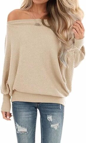 Lacozy Women's Off The Shoulder Tops Waffle Knit Oversized Sweatshirt Long Sleeve Tunic Shirts Pullover Sweaters in Kuwait