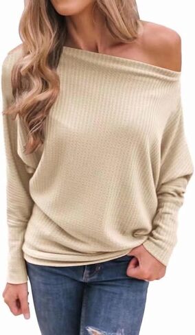 Lacozy Women's Off The Shoulder Tops Waffle Knit Oversized Sweatshirt Long Sleeve Tunic Shirts Pullover Sweaters in Kuwait
