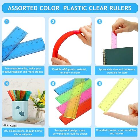 Zonon 200 PCS حكام البلاستيك بالجملة المرنة الحكام المستقيمين مع بوصة وسينتيمترات لليوم الأول من هدية المدرسة للطلاب الذين يعودون إلى لوازم المكاتب المدرسية (لون مشرق غير شفاف ، 6 بوصات) in Saudi Arabia