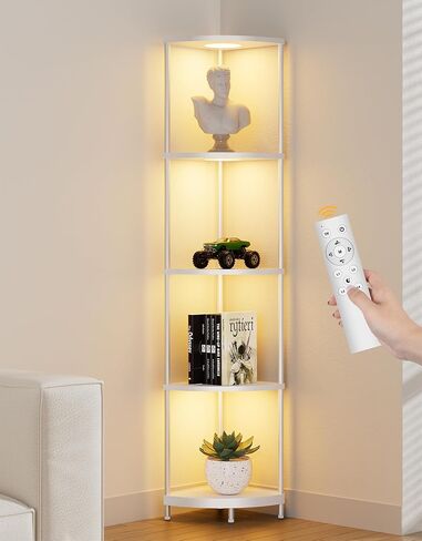 رف الزاوية مع ضوء RGBCW LED ، 64.5 "مصباح الأرض طويل القامة منظم رف الكتب الضيق ، أرفف دائمة مع عمود معدني ، رف تخزين العرض لركن الجدار ، غرفة المعيشة ، غرفة نوم ، ديكور المكتب ، الأسود in Kuwait