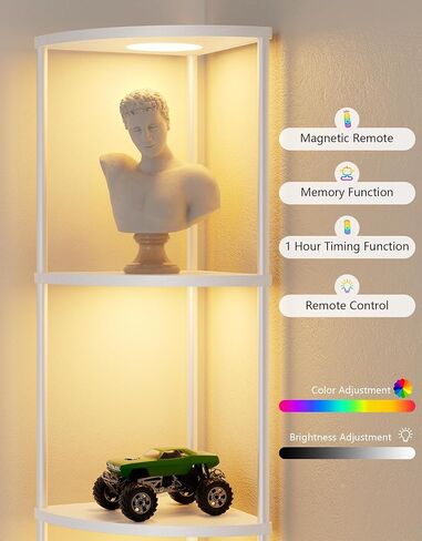 رف الزاوية مع ضوء RGBCW LED ، 64.5 "مصباح الأرض طويل القامة منظم رف الكتب الضيق ، أرفف دائمة مع عمود معدني ، رف تخزين العرض لركن الجدار ، غرفة المعيشة ، غرفة نوم ، ديكور المكتب ، الأسود in Kuwait