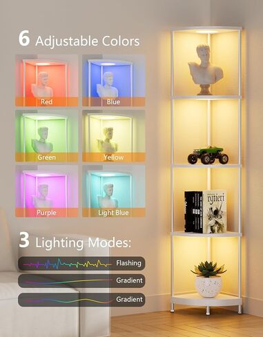 رف الزاوية مع ضوء RGBCW LED ، 64.5 "مصباح الأرض طويل القامة منظم رف الكتب الضيق ، أرفف دائمة مع عمود معدني ، رف تخزين العرض لركن الجدار ، غرفة المعيشة ، غرفة نوم ، ديكور المكتب ، الأسود in Kuwait