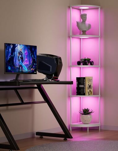 رف الزاوية مع ضوء RGBCW LED ، 64.5 "مصباح الأرض طويل القامة منظم رف الكتب الضيق ، أرفف دائمة مع عمود معدني ، رف تخزين العرض لركن الجدار ، غرفة المعيشة ، غرفة نوم ، ديكور المكتب ، الأسود in Kuwait