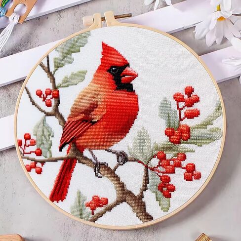 DIY Cross Stitch Kits Red Cardinal on Tree with Hoop 11CT Needlepoint Embroidery Stamped Counted Cross Stitch Set Craft Wall Decor 20x20cm-4 in Saudi Arabia