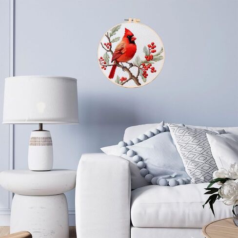 DIY Cross Stitch Kits Red Cardinal on Tree with Hoop 11CT Needlepoint Embroidery Stamped Counted Cross Stitch Set Craft Wall Decor 20x20cm-4 in Saudi Arabia