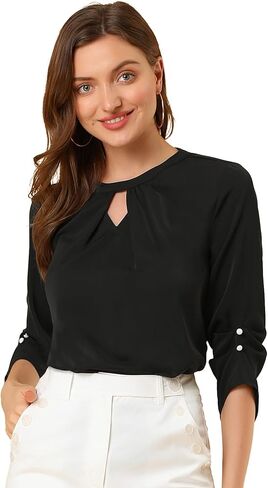 بلوزة نسائية من Allegra K للعمل المكتبي ذات ثنيات أمامية مكشكشة 3/4 كم قميص شيفون in Kuwait