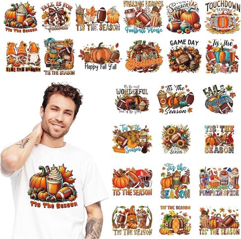 Fall Football Iron on Transfers - 24 Sheets DTF Ready to Press Heat Patches Vinyl Designs Pumpkin Stickers Decals for T Shirts Clothes Hoodies Bag Appliques DIY Crafts Decorations in Saudi Arabia