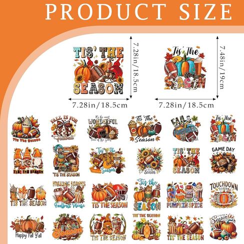 Fall Football Iron on Transfers - 24 Sheets DTF Ready to Press Heat Patches Vinyl Designs Pumpkin Stickers Decals for T Shirts Clothes Hoodies Bag Appliques DIY Crafts Decorations in Saudi Arabia
