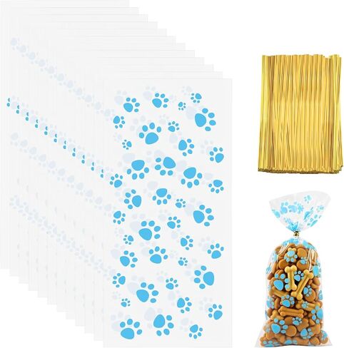 أكياس هدايا طباعة Perehope Paw ، حقيبة السيلوفان مع علاقات تويست متينة للذهب ، حقيبة قابلة للاستيلاء على أكياس الكلاب الخفيفة للوجبات الخفيفة (الأزرق) in Kuwait
