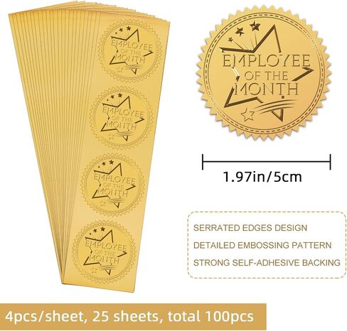 Craspire الموظف من الشهر شهادات Seals ملصقات جوائز الذهب مزجعة رقائق اللصق الذاتي 100pcs 2 "ملصقات الديكور الميدالية لشركة الأظرف الرسمية المكتبية in Kuwait