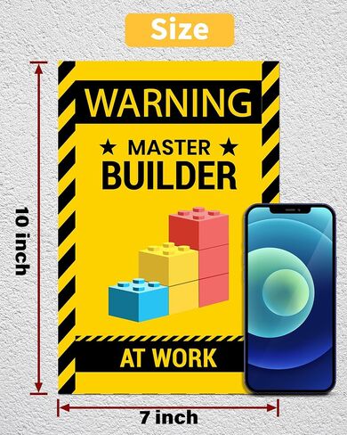 2 Pcs Wall Decor Poster Warning Master Builder at Work Sticker, Vinyl Print Building Block Bricks Door & Room Caution for Brickbuilders, Child, Kids- Small(7"x10") in Kuwait