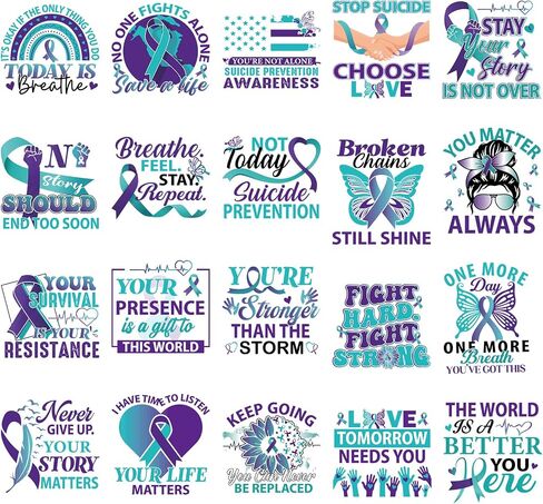 توعية منع الانتحار الحديد على عمليات النقل - 20pcs falueqg نقل DTF جاهزة للضغط ، Teal Purple Ribbon Iron على بقع الشارات ، ملصقات حرارة الصحة العقلية الملهمة لأكياس Tshirts DIY in Kuwait