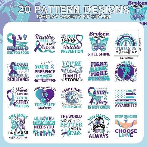 توعية منع الانتحار الحديد على عمليات النقل - 20pcs falueqg نقل DTF جاهزة للضغط ، Teal Purple Ribbon Iron على بقع الشارات ، ملصقات حرارة الصحة العقلية الملهمة لأكياس Tshirts DIY in Kuwait