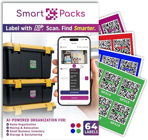 ملصقات QR الملونة SmartPacks - تسميات ذكية متميزة مع تطبيق AI -Power -App | حزمة متقدمة وتتبع الملصقات مع رمز الاستجابة السريعة للمخزون ، التخزين ، التحرك | 64 ملصقات in Saudi Arabia