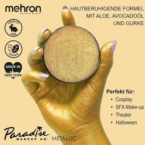 Mehron Makeup Paradise Makeup AQ Pro Size | المرحلة والشاشة ، الطلاء الوجه والجسم ، FX الخاص ، الجمال ، تأثيري ، والهالوين | طلاء الوجه المنشط للوجه والطلاء الجسم 1.4 أوقية (40 جم) (الذهب المعدني) in Saudi Arabia