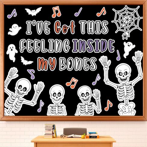 Halloween Skeleton Bulletin Board Decoration Funny White Skull Bone Classroom Paper Cutouts with 150 Pcs Glue Points for Holiday Horror Party School Wall Door,65 Pcs in Saudi Arabia