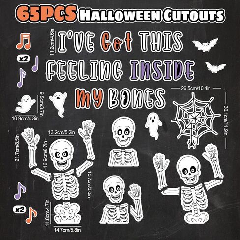 Halloween Skeleton Bulletin Board Decoration Funny White Skull Bone Classroom Paper Cutouts with 150 Pcs Glue Points for Holiday Horror Party School Wall Door,65 Pcs in Saudi Arabia