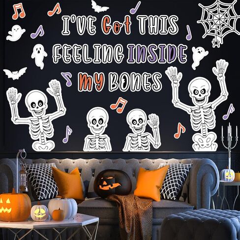 Halloween Skeleton Bulletin Board Decoration Funny White Skull Bone Classroom Paper Cutouts with 150 Pcs Glue Points for Holiday Horror Party School Wall Door,65 Pcs in Saudi Arabia