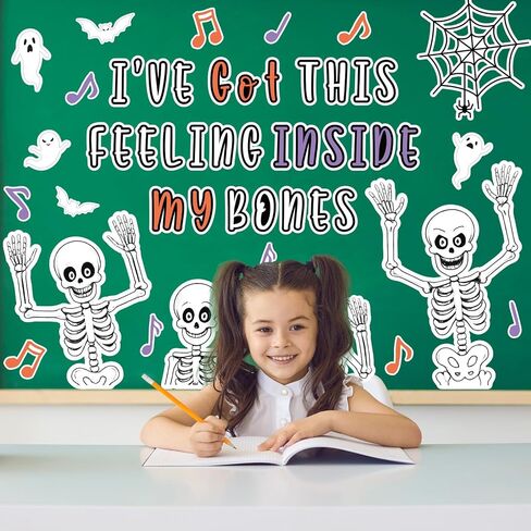Halloween Skeleton Bulletin Board Decoration Funny White Skull Bone Classroom Paper Cutouts with 150 Pcs Glue Points for Holiday Horror Party School Wall Door,65 Pcs in Saudi Arabia