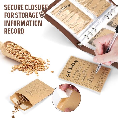 منظم تخزين البذور ، موثق منظم حزم البذور مع مظاريف تخزين بذور البذور 80pcs و 40 حماة صفيحة واضحة لحماية بذور الخضار (بني ، 9.1 × 6.5 بوصة) in Kuwait