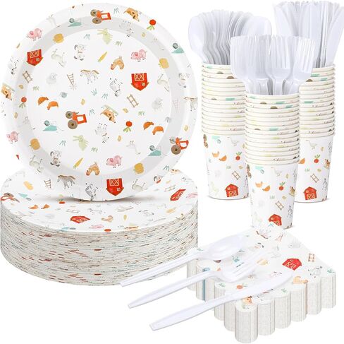 300 PCS Farm Animal Birthday Decoration ، Farm Animal Plates and Fedical Cups يقدم 50 ضيفًا ، مزارعًا يمكن التخلص منها تحت عنوان لتوفيات حفلات حفلات الزفاف استحمام الطفل in Kuwait